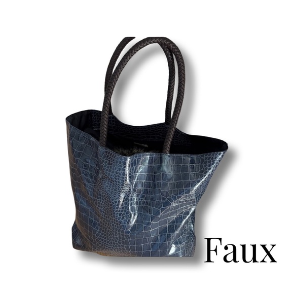 Neiman Marcus Navy Croc Embossed Tote - Picture 2 of 9